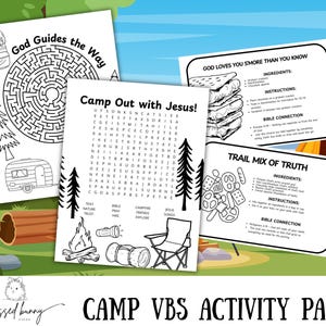 Pack d'activités imprimable Camp VBS | Labyrinthe, recherche de mots et cartes de recettes confessionnelles | Activités chrétiennes pour enfants | Téléchargement instantané