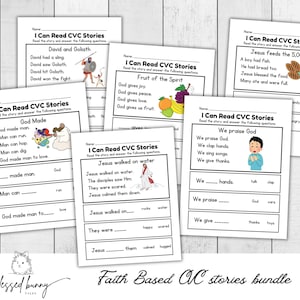 Puede incluir: Un conjunto de hojas de trabajo imprimibles para que los niños aprendan sobre historias bíblicas. Cada hoja de trabajo presenta una ilustración colorida y oraciones simples sobre una historia diferente, como David y Goliat, Jesús caminando sobre el agua y Jesús alimentando a los 5.000. Las hojas de trabajo incluyen preguntas para completar para ayudar a los niños a practicar sus habilidades de lectura y comprensión.