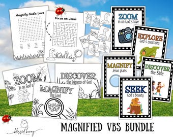 VBS Printable Bundle | Bug-Themed Signs, Coloring Sheets & Activities | Magnified  | Christian Kids Summer Program |