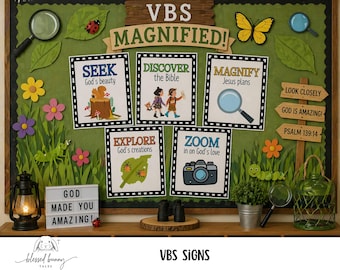 Magnified VBS Sign Bundle: Christian Vacation Bible School Decor (PDF Download 8x10” Signs)