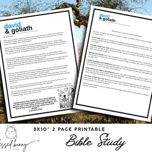May include: Two 8x10 inch printable Bible study pages titled "David & Goliath". The pages contain text about the story of David and Goliath, with a small illustration. The bottom of the image has the text "8X10" 2 PAGE PRINTABLE Bible Study".
