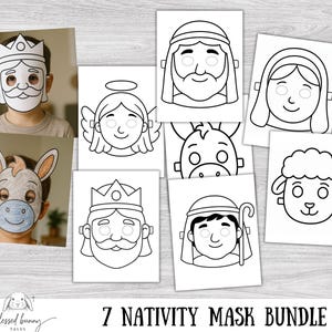 May include: A collection of seven nativity-themed paper masks, including characters like a king, angel, and sheep. The masks are black and white outlines, designed for coloring and crafting. The text "7 Nativity Mask Bundle" is at the bottom.