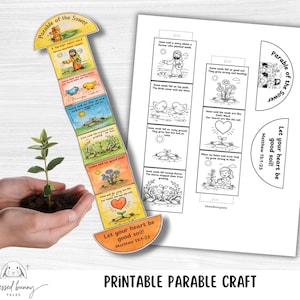 Puede incluir: Una colorida manualidad ilustrada titulada "Parábola del Sembrador" con una planta en tierra. La manualidad incluye una serie de paneles ilustrados con texto de Mateo 13:1-23. Las palabras "Printable Parable Craft" están en la parte inferior.