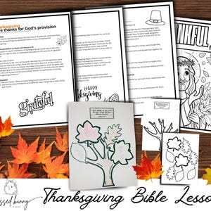 May include: A Thanksgiving Bible lesson printable pack with coloring pages featuring a tree, a person, and the words "Thankful for Jesus".