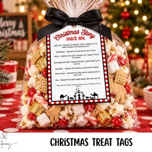 May include: A clear plastic bag filled with a Christmas Story snack mix, tied with a black ribbon. The bag features a tag with red and white borders, listing snack ingredients and their symbolic meanings, topped with the text Christmas Story snack mix.