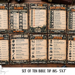 May include: A set of ten rectangular metal signs featuring religious themes, each measuring 5 by 7 inches. The signs display various biblical topics including the Ten Commandments, the Armor of God, and the Miracles of Jesus with text and icons.