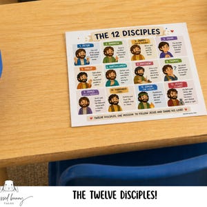 May include: A colorful educational print titled "The 12 Disciples" featuring illustrations of each disciple with their names and brief descriptions. The print is on a wooden table with crayons and a blue container nearby.