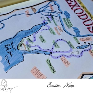 Pu&ograve; includere: Una mappa disegnata a mano del viaggio dell'Esodo, con una linea viola che traccia il percorso dall'Egitto a Canaan. La mappa include etichette per luoghi chiave come il Mar Rosso, la penisola del Sinai e il Monte Nebo. Il testo "Il viaggio dell'Esodo" &egrave; scritto in rosa nella parte superiore della mappa.