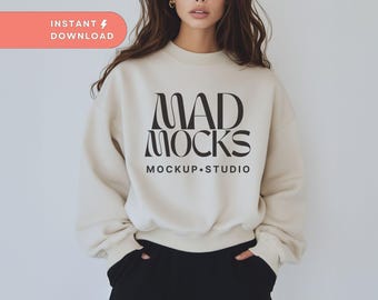 Gildan 18000 Mockup Sweatshirt Sand Mockup Gildan 18000 Sweatshirt Mockup Gildan Crewneck Mockup Model Sweater Mockup G180 Simple Tan