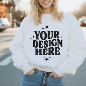 Gildan 18000 White Sweatshirt Mockup G180 White Crewneck Mock up Model Gildan 18000 Model Mockup Cozy Trendy Christmas Gildan Oversize Mock