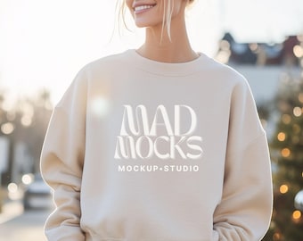 Gildan 18000 Sand Sweatshirt Mock up G180 Pod Mock-up Sand Sweater Crewneck Mockup Gildan Simple Pullover Trendy Holiday Aesthetic Tan