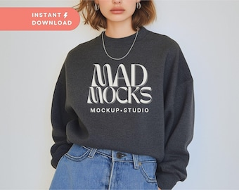 Gildan 18000 Mockup Sweatshirt Charcoal Mockup Gildan 18000 Sweatshirt Mockup Gildan Crewneck Mockup Model Sweater Mockup G180 Simple Grey