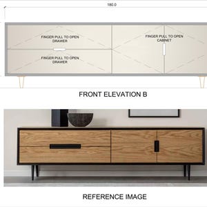 引き出し付き DIY テレビ台。平面図、立面図、断面図付きの図面。図面に従って組み立てるのは簡単です。