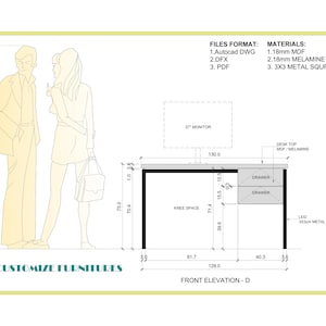 引き出し付きDIYデスクの設計図：AutoCAD、PDFファイル（デジタルダウンロード）