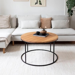 Round Coffee Table Made from Natural Wood and Black Metal Legs | Modern Coffee Table Round |  Natural Wood, Stainless Steel Coffee Table
