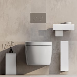 Può includere: Un moderno allestimento bagno con un WC bianco a parete, una placca di scarico grigia con due pulsanti circolari e un portarotolo bianco. Una mensola rettangolare bianca contiene un diffusore marrone con bastoncini neri.