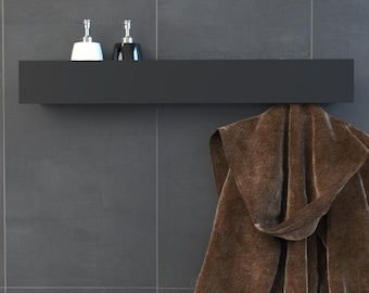 Wall-Mounted Bathroom Shelf with Hooks | Steel Floating Shelf | Minimalist Modern Design | Black & White
