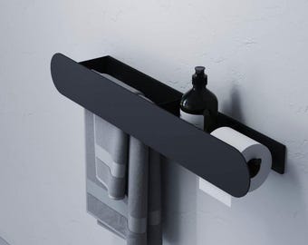 Wall-Mounted Bathroom Shelf with Towel Bar & Toilet Paper Holder | Steel Storage Rack | Modern Minimalist Design | Hidden Mounting