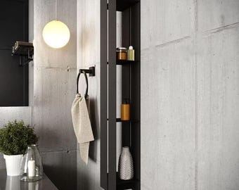 Black Vertical Bathroom Organizer with Four Hidden Shelves | Floating Bathroom Shelf | Cabinet with Open Shelving Made from Metal
