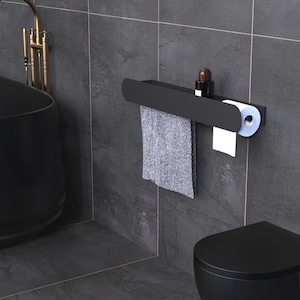 Wall-Mounted Bathroom Shelf with Towel Holder & Toilet Paper Dispenser | Stainless Steel Floating Storage Rack | Modern Black and White
