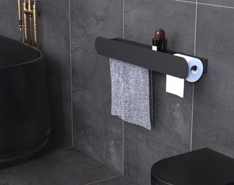 Wall-Mounted Bathroom Shelf with Towel Holder & Toilet Paper Dispenser | Steel Floating Storage Rack | Modern Black and White