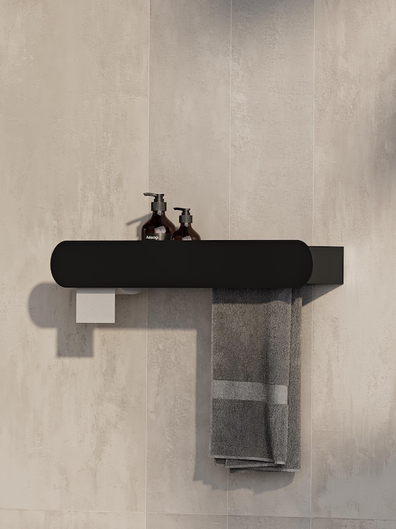 Luxury Black Bathroom Shelf with Towel Rack & Hidden Toilet Paper Holder | Powder-Coated Steel, Modern Minimalist Wall Organizer