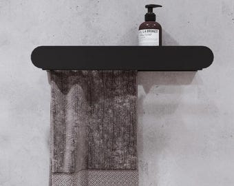 Wall-Mounted Black Steel Shelf | Minimalist Bathroom Organizer with Towel Rack | Sleek, Modern Design for Stylish Storage