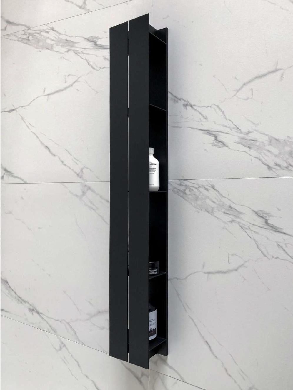 Stainless Steel Vertical Bathroom Shelf with Hook | Wall-Mounted Hidden Storage for Bottles | Minimalist Shower & Bathroom Organizer