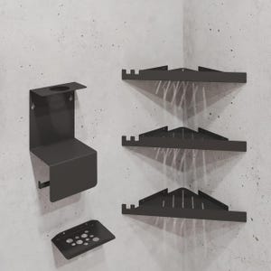 Modern Black Metal Bathroom Organizer Set: Corner Shelves, Toilet Paper Holder, Soap Dish