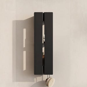 Puede incluir: Una unidad de almacenamiento vertical de pared en color negro mate que presenta un canal central abierto con dos estantes internos. La unidad incluye un pequeño gancho en la parte inferior que sostiene un cepillo de baño redondo de madera.