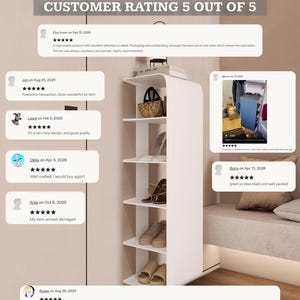 Pu&ograve; includere: Uno scaffale verticale alto di colore bianco con cinque ripiani aperti e un bordo superiore curvo. I ripiani contengono vari oggetti, tra cui un cesto intrecciato, calzature e libri. In alto &egrave; visualizzato il testo CUSTOMER RATING 5 OUT OF 5.