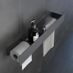 Mensola a parete con porta carta igienica / Mensola sospesa in acciaio inossidabile / Soluzione minimalista per riporre gli oggetti in bagno