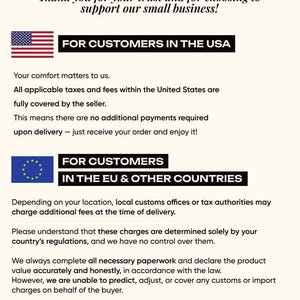May include: An informational document titled TAXES & CUSTOMS INFORMATION. It outlines policies for customers in the USA, stating taxes are covered, and for customers in the EU & other countries, noting that local customs fees may apply upon delivery.