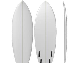 May include: A white surfboard shown from three angles: top, bottom, and side. The board features a fish tail and four fin boxes. Text at the top reads 5' 4.0005" x 20.6250" x 2.5007" Vol. 30.5 L, indicating the dimensions and volume of the board.