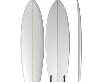 May include: A white surfboard with a central wooden stringer, featuring a fish tail design and two fin boxes. The dimensions are 6' 0.00" x 18.80" x 2.44" with a volume of 31.5 L. The board is shown from the top, bottom, and side profiles.