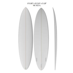 May include: A white surfboard with a single fin, measuring 8 feet long, 22 3/4 inches wide, and 3 1/8 inches thick. The surfboard has a volume of 62.5 liters.