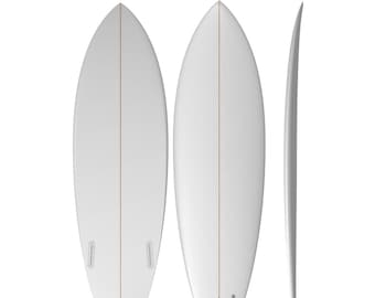 May include: A white surfboard with a fish tail design, shown from the top, bottom, and side profiles. The text 5' 7.000" x 19 7/8" x 2 7/16" Vol. 29.8 L is printed above the boards, indicating dimensions and a volume of 29.8 litres.