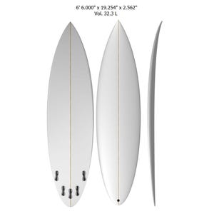 May include: A white surfboard with a single fin, measuring 6 feet long, 19.25 inches wide, and 2.56 inches thick. The surfboard has a volume of 32.3 liters.
