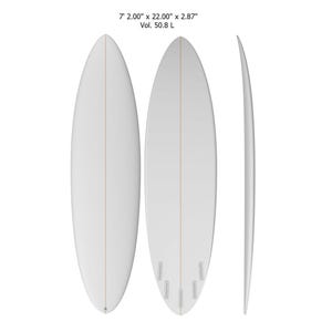 May include: A white surfboard with a single fin, measuring 7 feet long, 22 inches wide, and 2.87 inches thick. The surfboard has a volume of 50.8 litres.