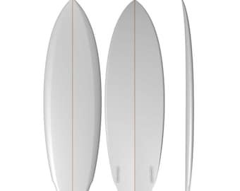 May include: A plain white surfboard shown from three angles: top, bottom, and side profile. The board features a central stringer and two fin boxes on the bottom. Text at the top reads 6' 0.00" x 20.30" x 2.50" Vol. 36.3 L, indicating the dimensions.