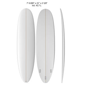 May include: A white surfboard with a single fin, measuring 7 feet long, 21 inches wide, and 2 5/8 inches thick. The surfboard has a volume of 43.7 litres.