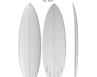 May include: A white surfboard labelled DOMINATOR 2 with dimensions 6' 0.00" x 20 1/2" x 2 1/2" and a volume of 34.9 L. The image displays the board from three angles: top, bottom with five fin boxes, and a side profile view with a central stringer.