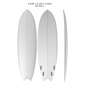 May include: A white surfboard with a rounded nose and tail, featuring a central stringer and fin boxes. The board measures 6' 8.00" x 21 3/4" x 2 13/16" and has a volume of 45.6 L. The image shows the top, bottom, and side profiles.