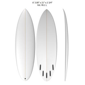 May include: A white surfboard with a single fin and five fin plugs. The surfboard is 6' 3.00" x 21" x 2 3/4" and has a volume of 40.1 L.