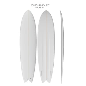 May include: A white surfboard with a single fin, measuring 7' x 6.0' x 21.0' x 2.7' with a volume of 48.2 liters.