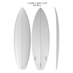 May include: A white surfboard with a single fin, measuring 5' 10.00" x 19.25" x 2.37" with a volume of 28.1 L.