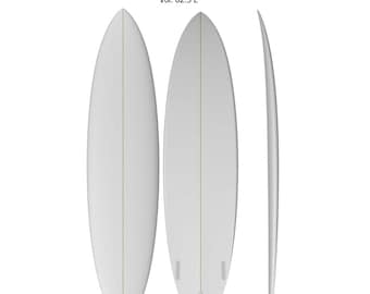 May include: A white surfboard shown from three angles, including top, bottom, and side views. The text M-23, 8' 0.00" x 22 3/4" x 3 1/8", and Vol. 62.5 L is printed above. The board features a central stringer and three fin boxes.