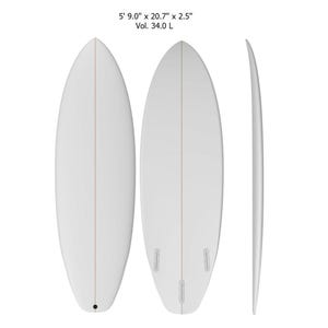 May include: A white surfboard with a single fin, measuring 5' 9.0" x 20.7" x 2.5" and with a volume of 34.0 L.