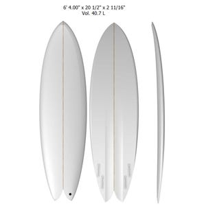 May include: A white surfboard with a central stringer, shown from the top, bottom, and side profiles. The dimensions are 6' 4.00" x 20 1/2" x 2 11/16" with a volume of 40.7 L. The bottom view displays four fin boxes and a swallow tail design.
