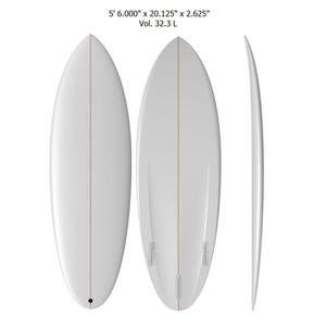 May include: A white surfboard with a single fin, measuring 5' 6" x 20.125" x 2.625" with a volume of 32.3 litres.